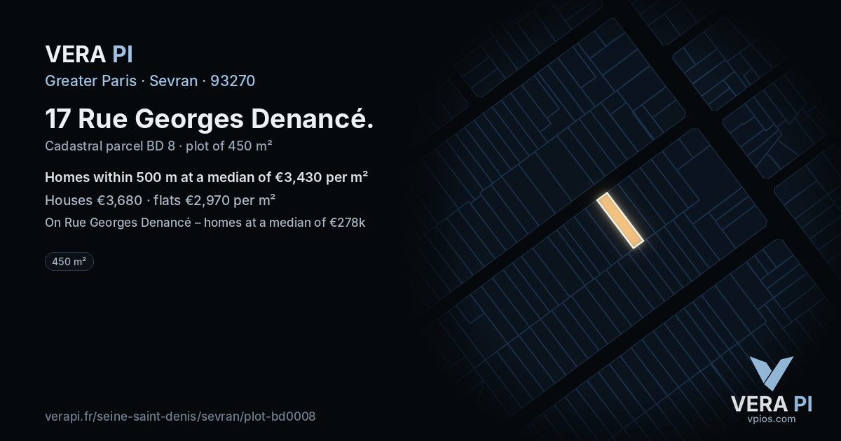 17 Rue Georges Denancé, Sevran at night – the plot lit, the parcels around coloured by the prices near them