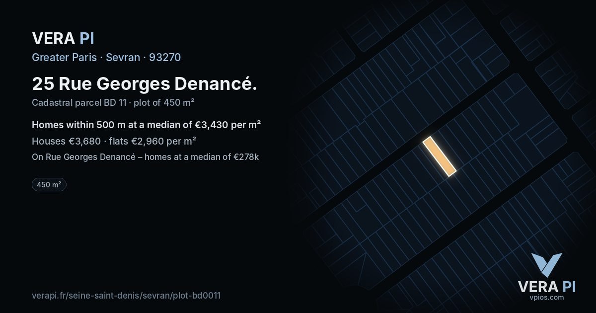 25 Rue Georges Denancé, Sevran at night – the plot lit, the parcels around coloured by the prices near them