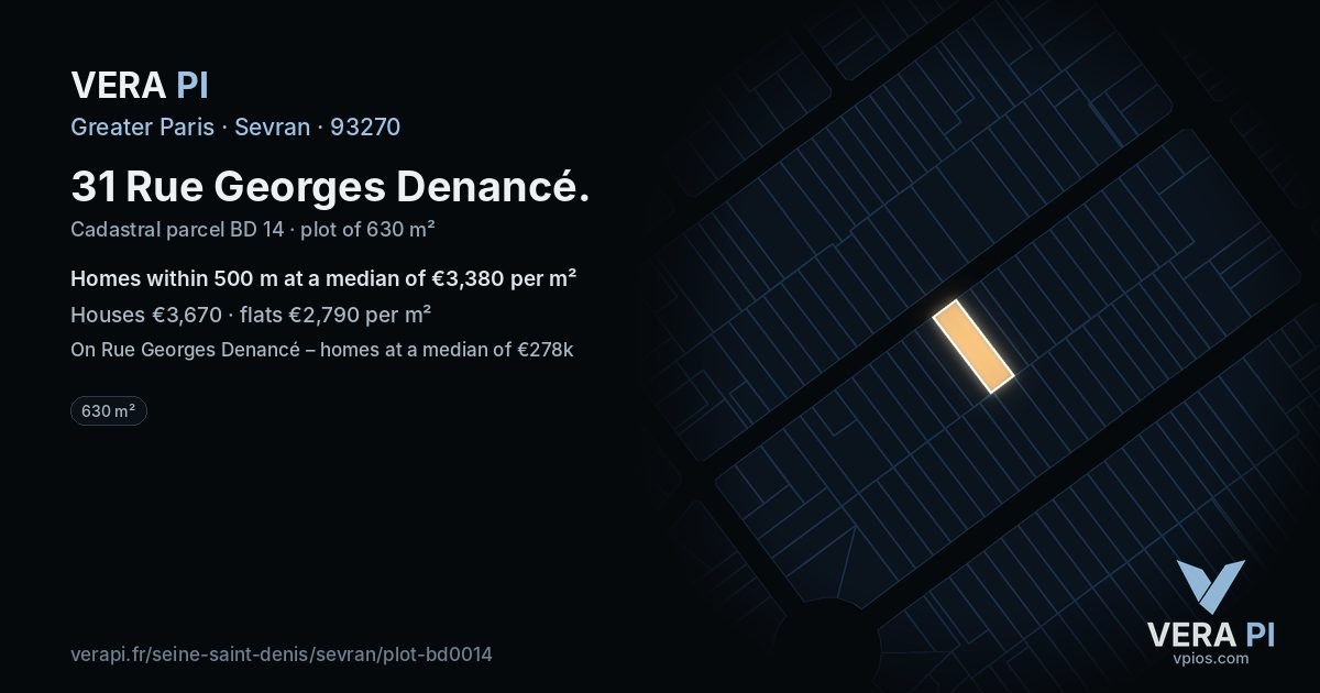 31 Rue Georges Denancé, Sevran at night – the plot lit, the parcels around coloured by the prices near them