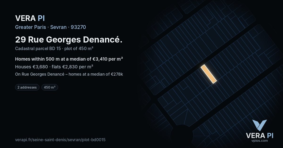 29 Rue Georges Denancé, Sevran at night – the plot lit, the parcels around coloured by the prices near them