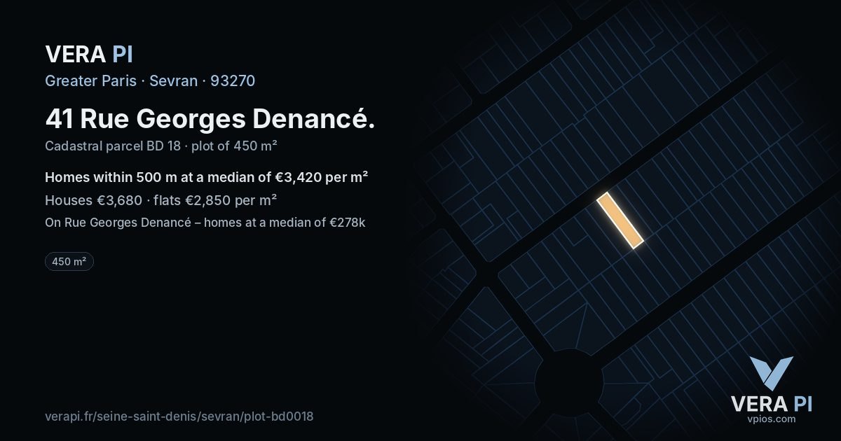 41 Rue Georges Denancé, Sevran at night – the plot lit, the parcels around coloured by the prices near them