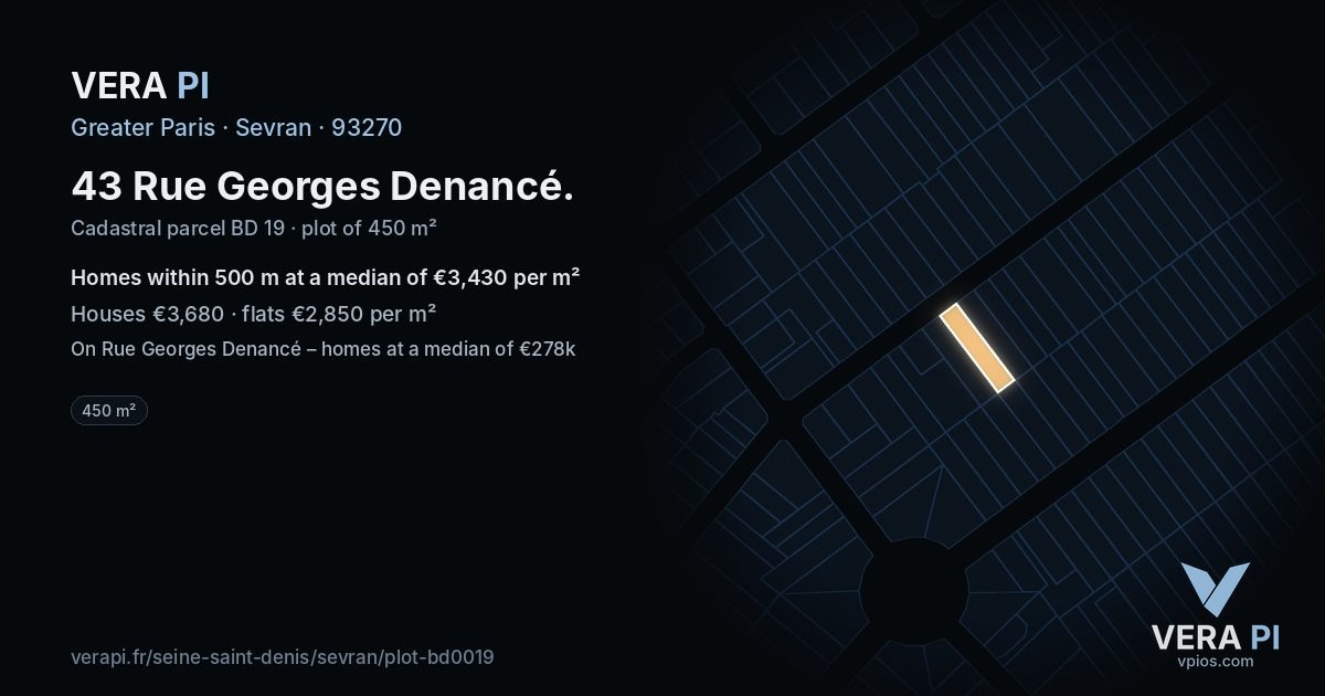 43 Rue Georges Denancé, Sevran at night – the plot lit, the parcels around coloured by the prices near them