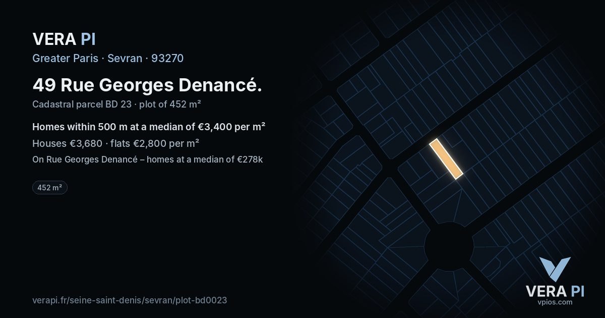 49 Rue Georges Denancé, Sevran at night – the plot lit, the parcels around coloured by the prices near them