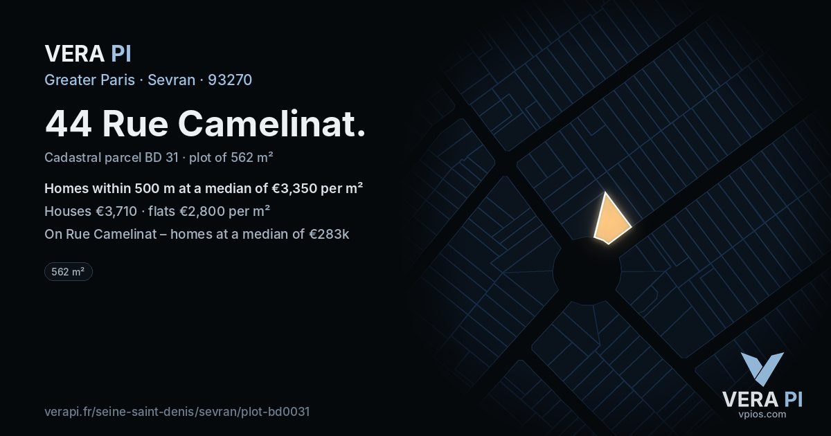 44 Rue Camelinat, Sevran at night – the plot lit, the parcels around coloured by the prices near them