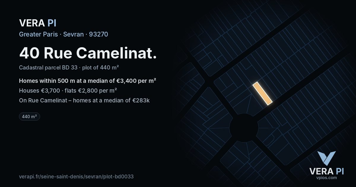 40 Rue Camelinat, Sevran at night – the plot lit, the parcels around coloured by the prices near them