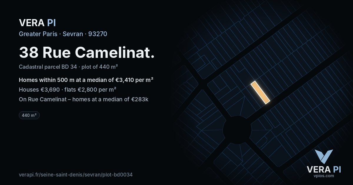 38 Rue Camelinat, Sevran at night – the plot lit, the parcels around coloured by the prices near them