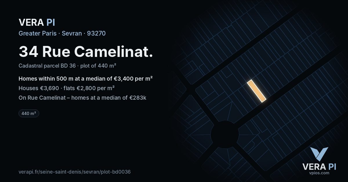 34 Rue Camelinat, Sevran at night – the plot lit, the parcels around coloured by the prices near them