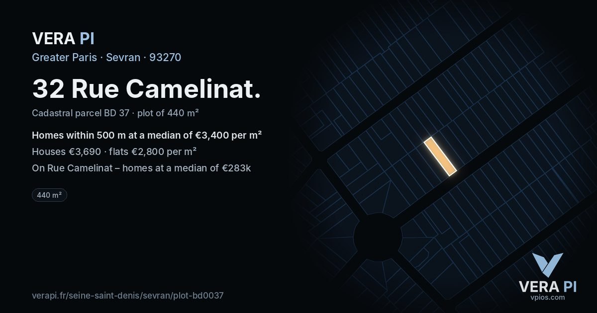 32 Rue Camelinat, Sevran at night – the plot lit, the parcels around coloured by the prices near them