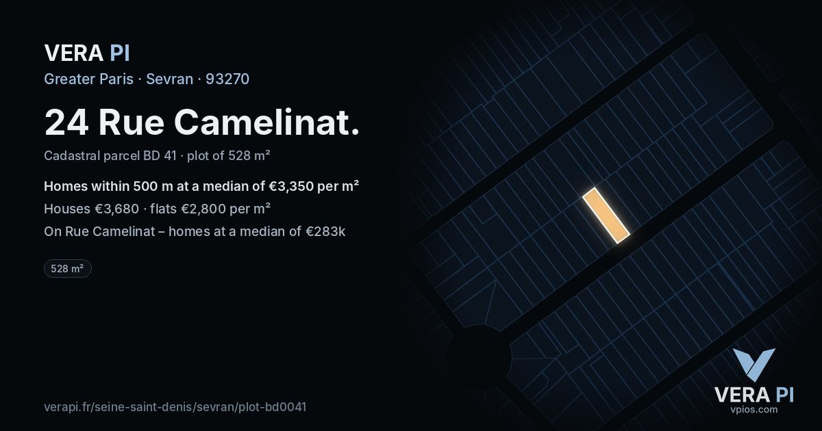 24 Rue Camelinat, Sevran at night – the plot lit, the parcels around coloured by the prices near them