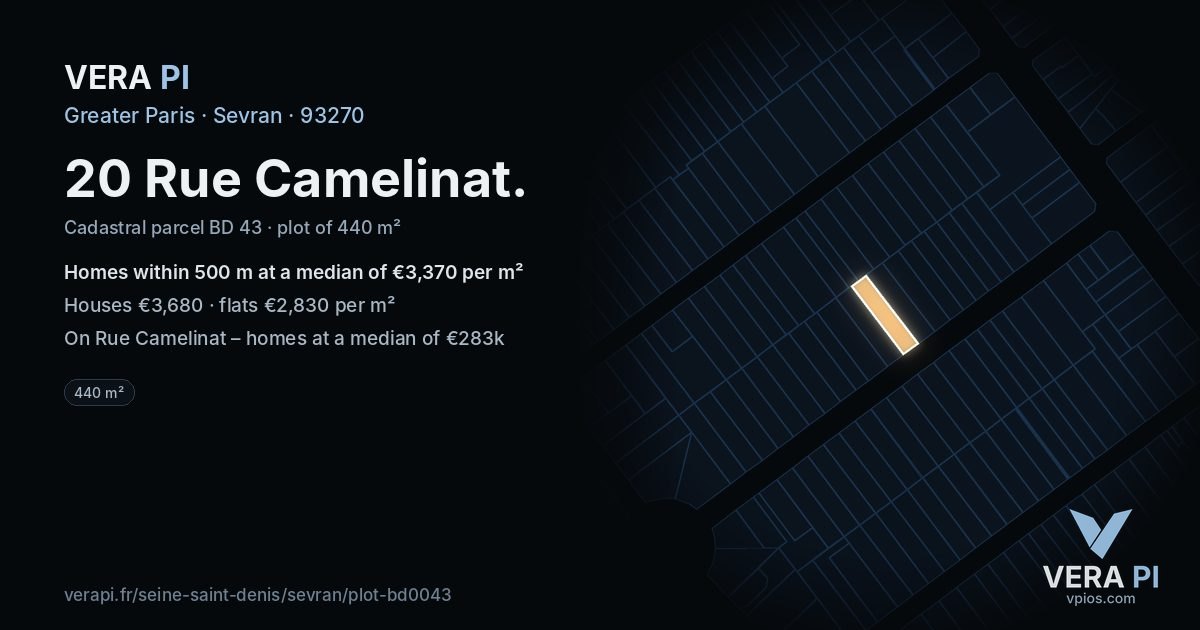 20 Rue Camelinat, Sevran at night – the plot lit, the parcels around coloured by the prices near them