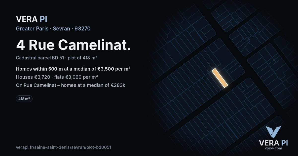 4 Rue Camelinat, Sevran at night – the plot lit, the parcels around coloured by the prices near them