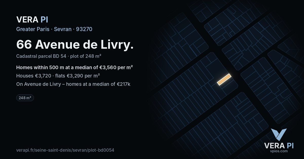 66 Avenue de Livry, Sevran at night – the plot lit, the parcels around coloured by the prices near them