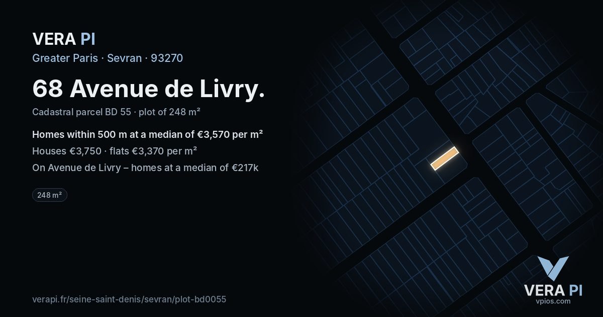 68 Avenue de Livry, Sevran at night – the plot lit, the parcels around coloured by the prices near them