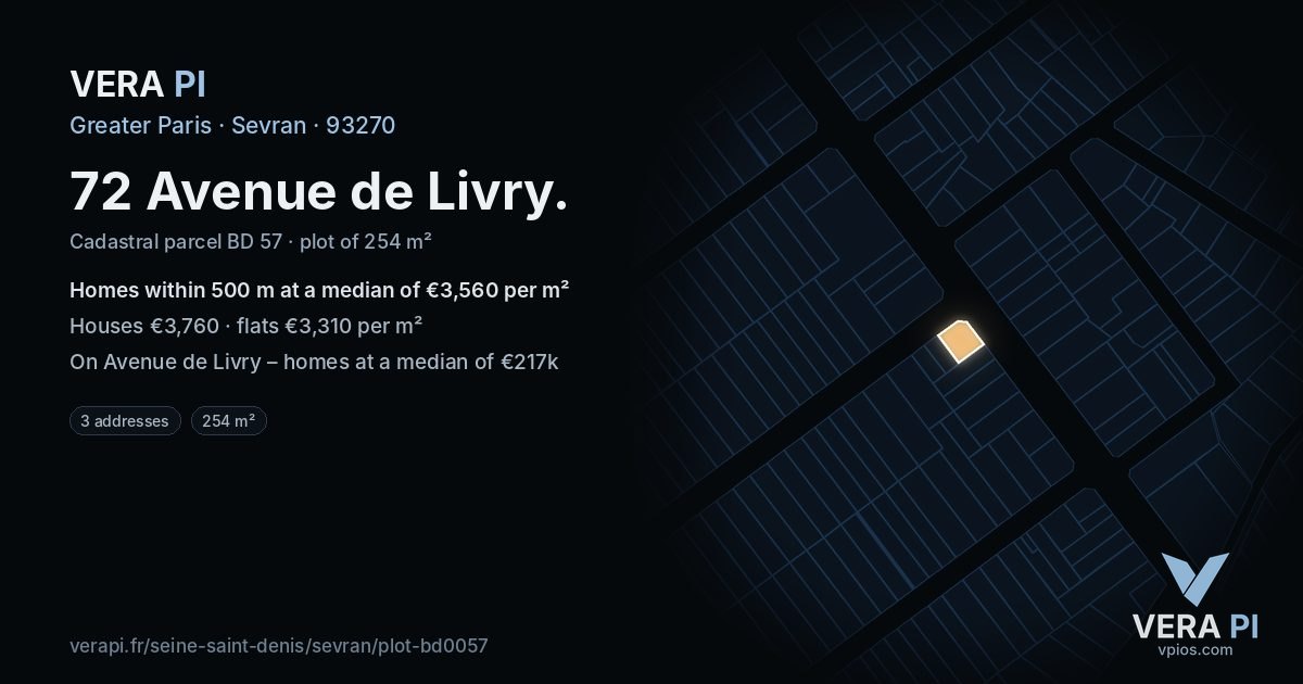 72 Avenue de Livry, Sevran at night – the plot lit, the parcels around coloured by the prices near them