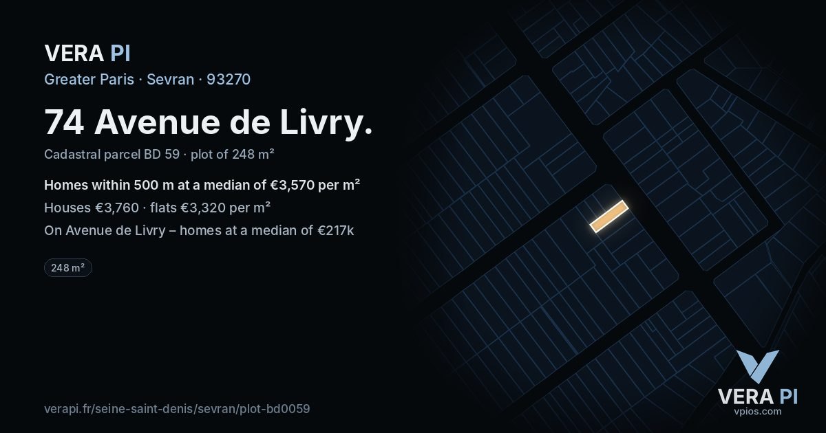 74 Avenue de Livry, Sevran at night – the plot lit, the parcels around coloured by the prices near them