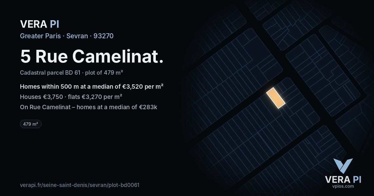 5 Rue Camelinat, Sevran at night – the plot lit, the parcels around coloured by the prices near them