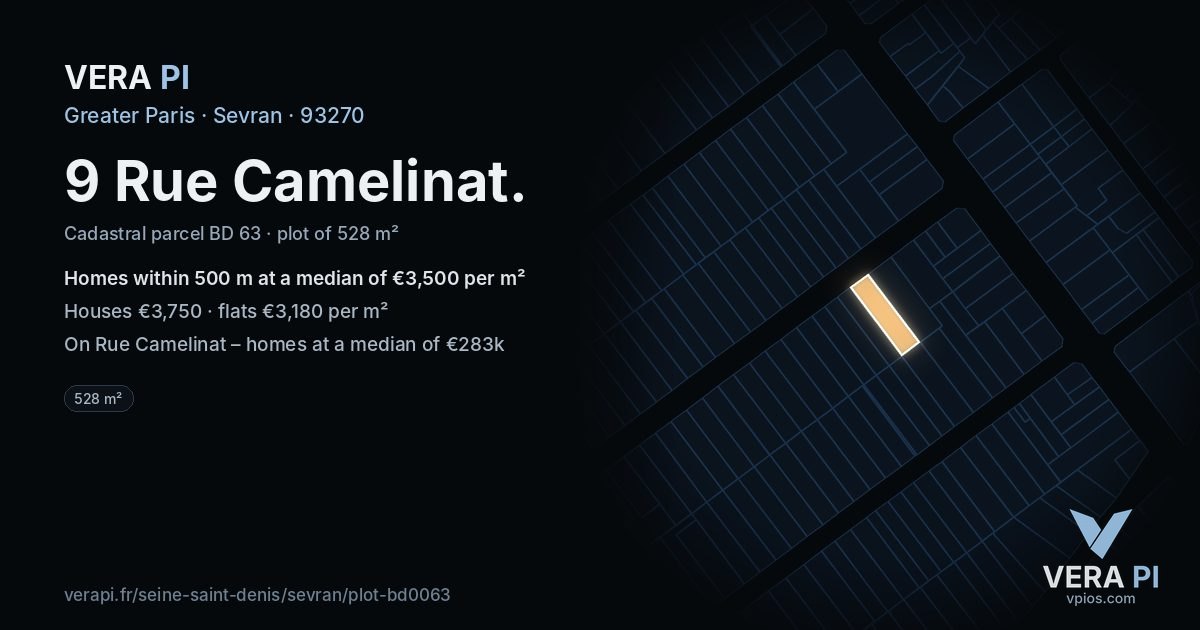 9 Rue Camelinat, Sevran at night – the plot lit, the parcels around coloured by the prices near them
