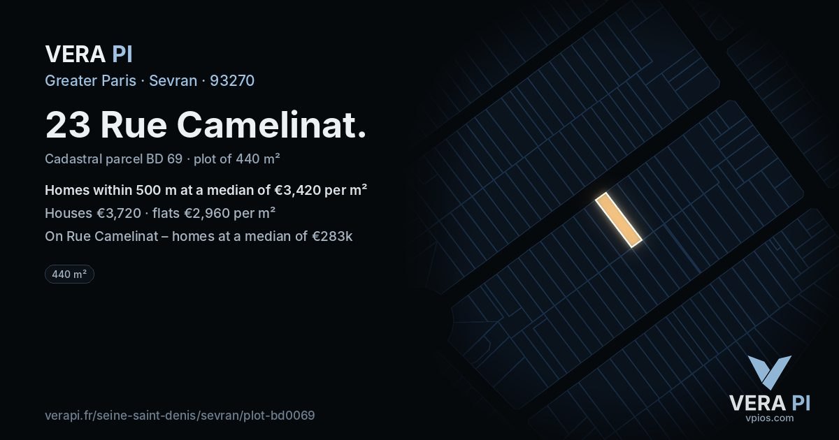 23 Rue Camelinat, Sevran at night – the plot lit, the parcels around coloured by the prices near them