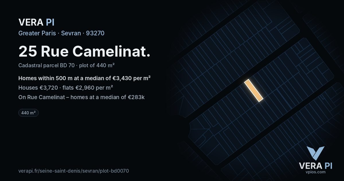 25 Rue Camelinat, Sevran at night – the plot lit, the parcels around coloured by the prices near them