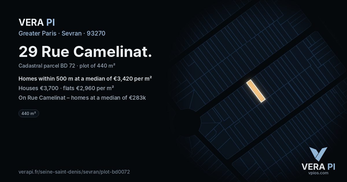 29 Rue Camelinat, Sevran at night – the plot lit, the parcels around coloured by the prices near them