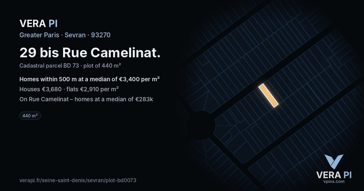29 bis Rue Camelinat, Sevran at night – the plot lit, the parcels around coloured by the prices near them