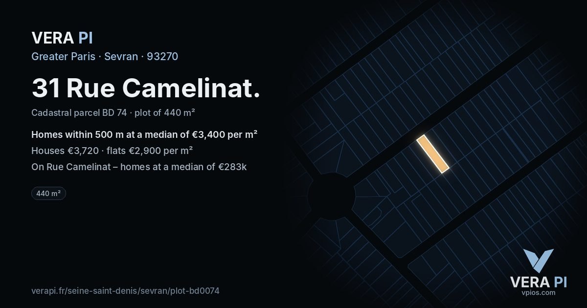 31 Rue Camelinat, Sevran at night – the plot lit, the parcels around coloured by the prices near them