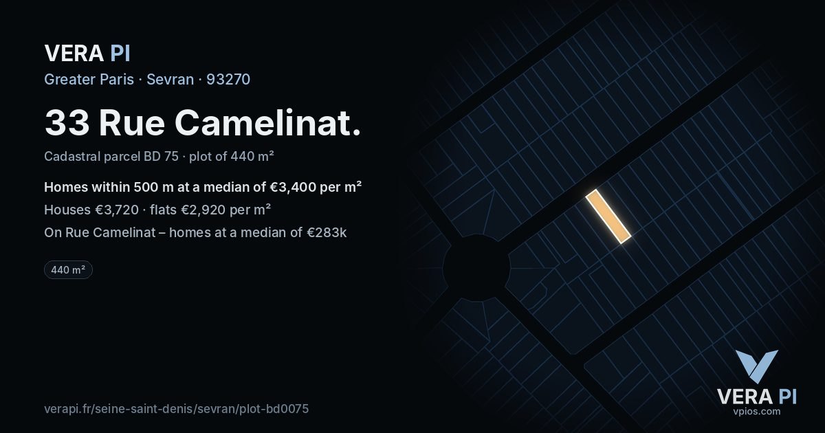 33 Rue Camelinat, Sevran at night – the plot lit, the parcels around coloured by the prices near them