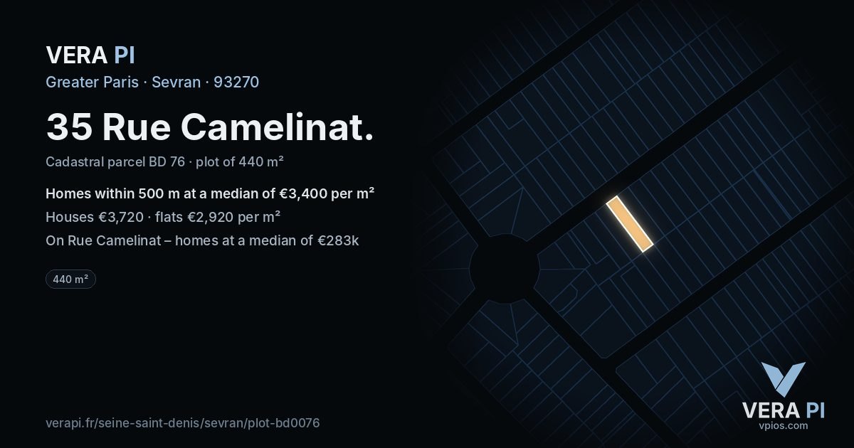 35 Rue Camelinat, Sevran at night – the plot lit, the parcels around coloured by the prices near them