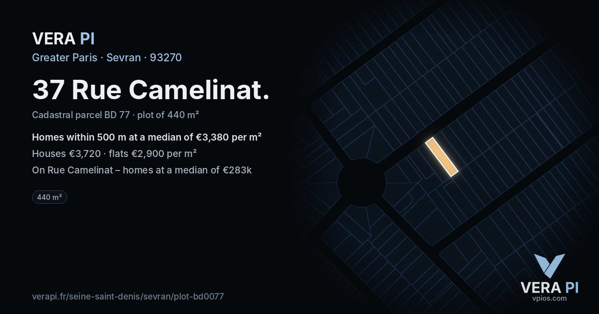 37 Rue Camelinat, Sevran at night – the plot lit, the parcels around coloured by the prices near them