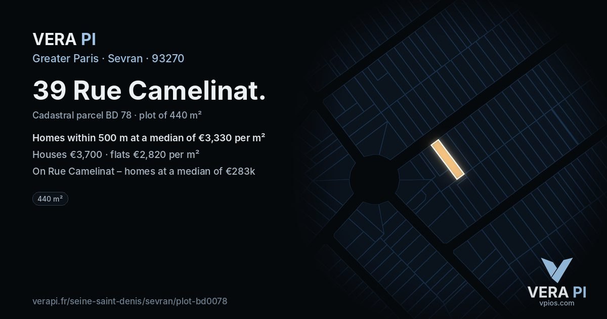 39 Rue Camelinat, Sevran at night – the plot lit, the parcels around coloured by the prices near them