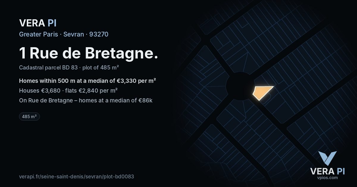 1 Rue de Bretagne, Sevran at night – the plot lit, the parcels around coloured by the prices near them