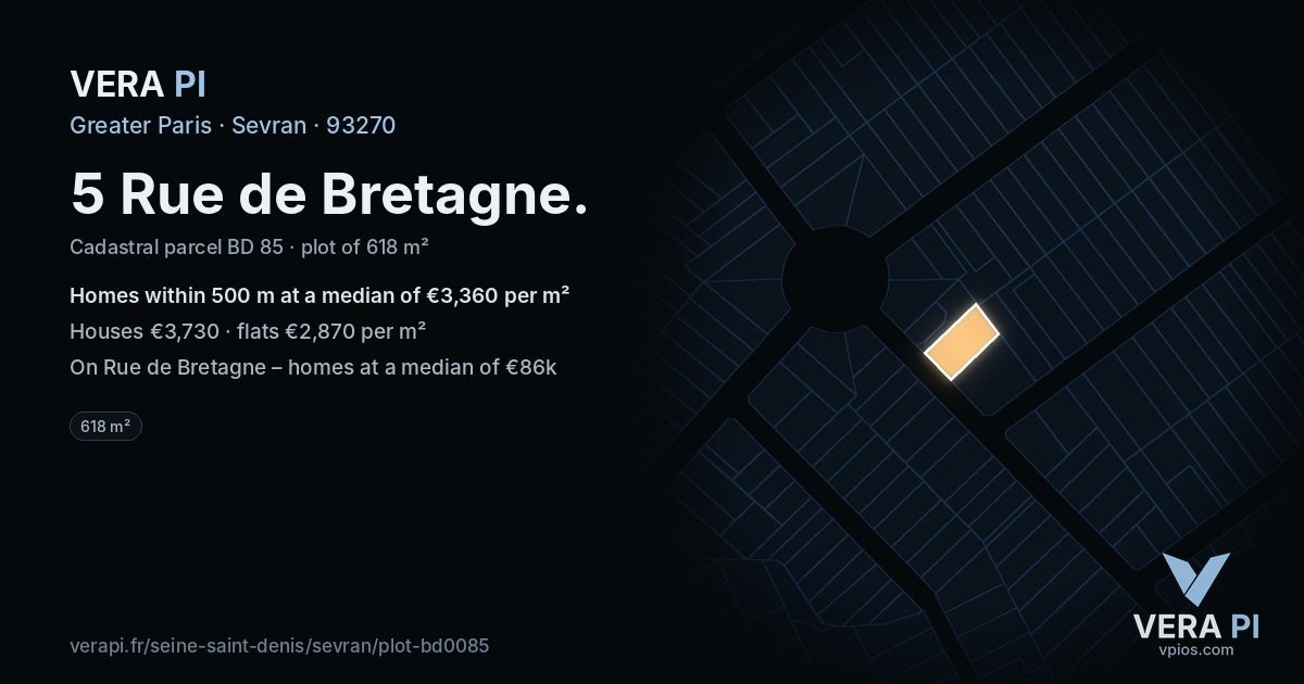 5 Rue de Bretagne, Sevran at night – the plot lit, the parcels around coloured by the prices near them