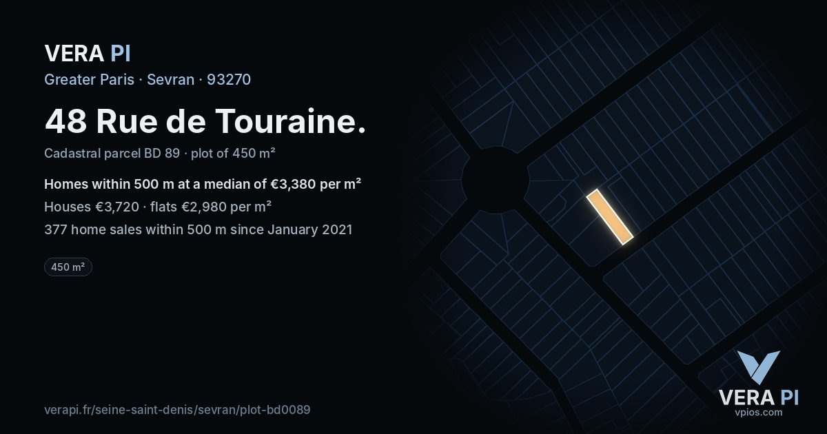48 Rue de Touraine, Sevran at night – the plot lit, the parcels around coloured by the prices near them