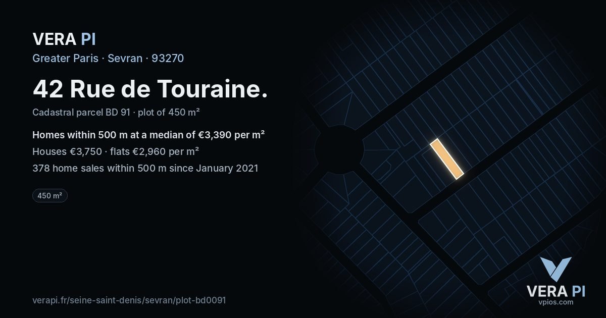42 Rue de Touraine, Sevran at night – the plot lit, the parcels around coloured by the prices near them