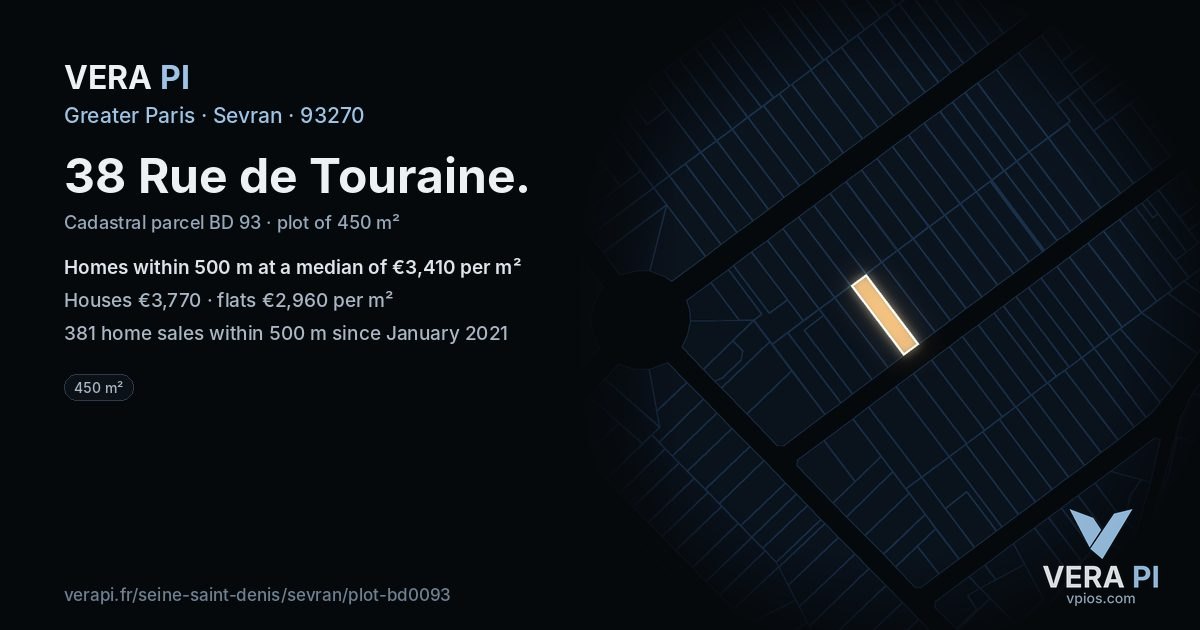 38 Rue de Touraine, Sevran at night – the plot lit, the parcels around coloured by the prices near them