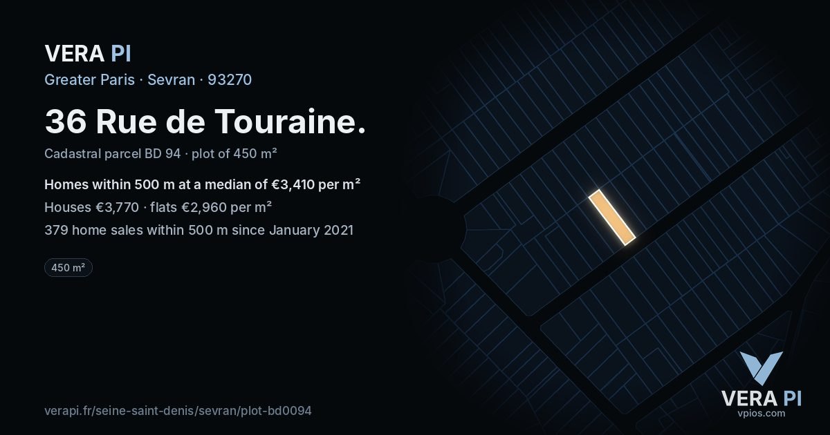 36 Rue de Touraine, Sevran at night – the plot lit, the parcels around coloured by the prices near them