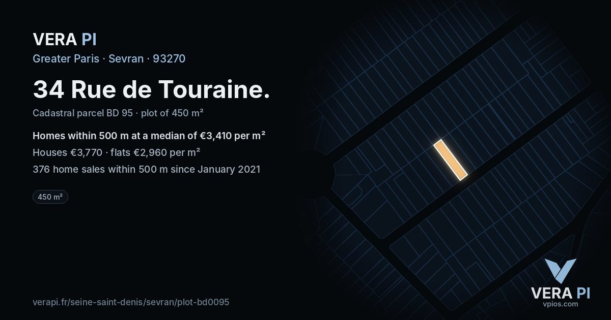 34 Rue de Touraine, Sevran at night – the plot lit, the parcels around coloured by the prices near them