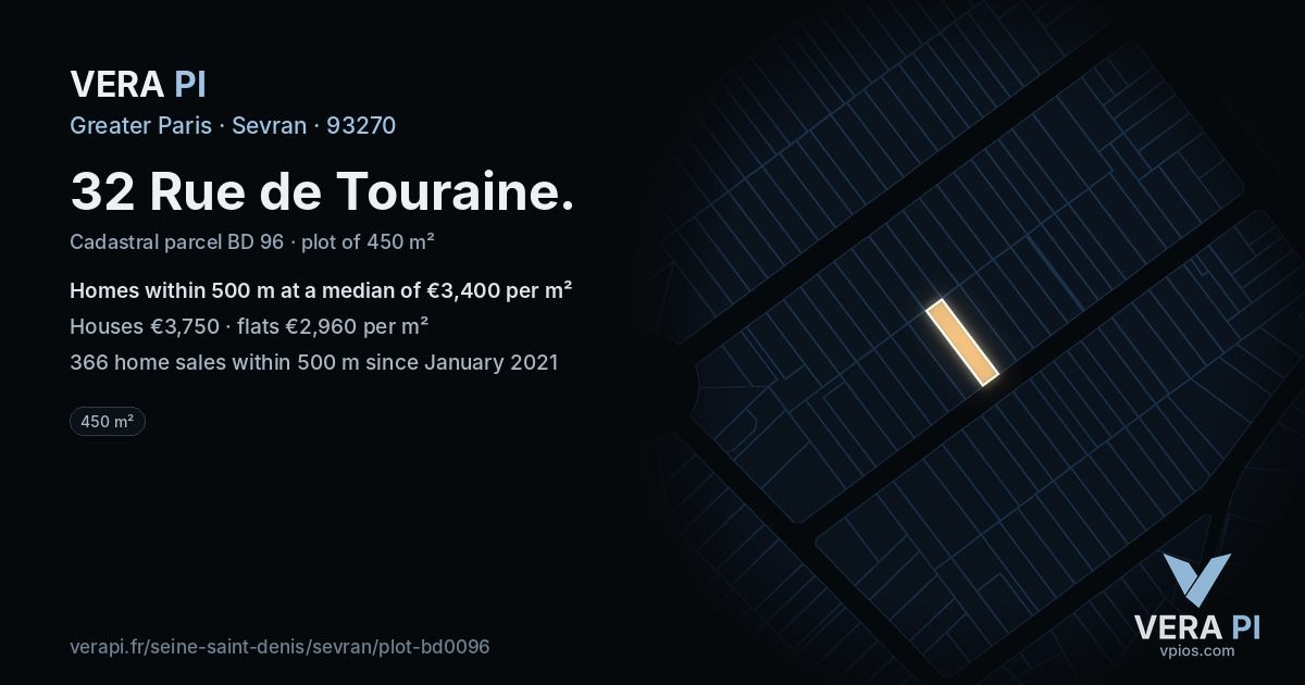 32 Rue de Touraine, Sevran at night – the plot lit, the parcels around coloured by the prices near them