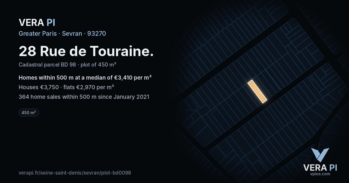 28 Rue de Touraine, Sevran at night – the plot lit, the parcels around coloured by the prices near them