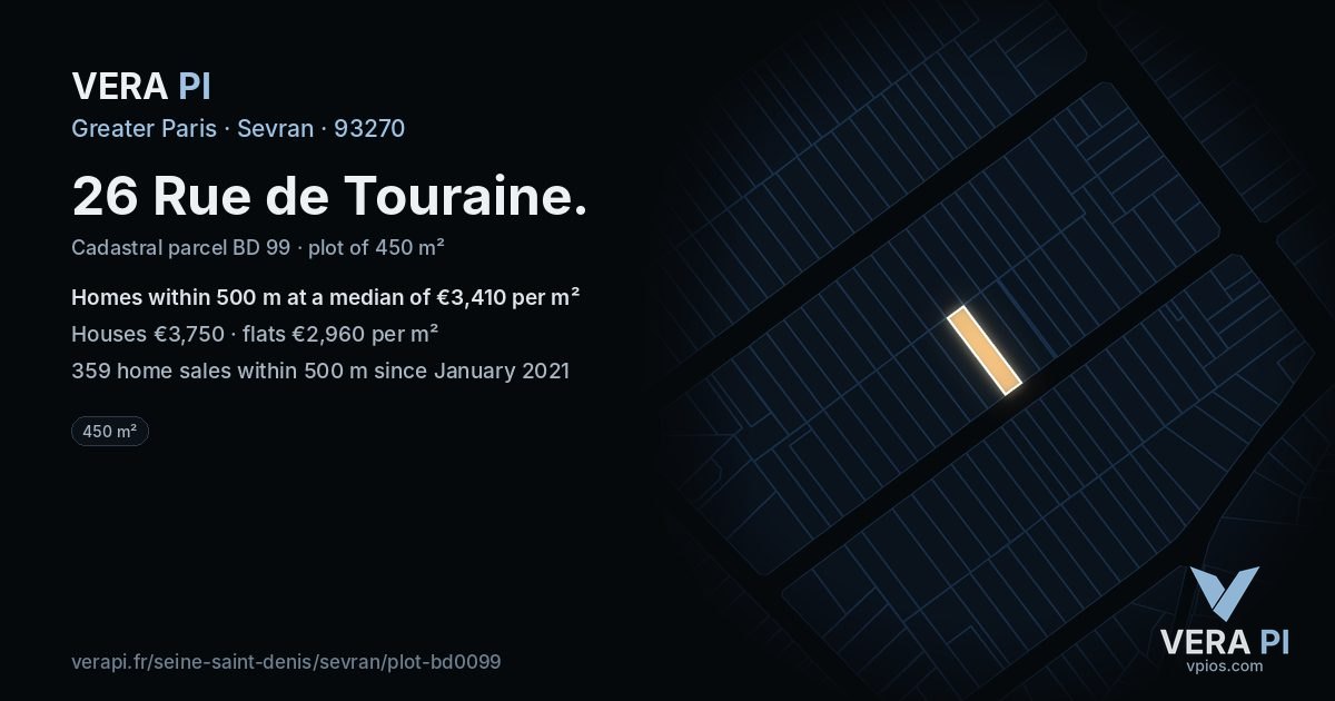 26 Rue de Touraine, Sevran at night – the plot lit, the parcels around coloured by the prices near them