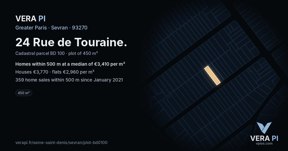24 Rue de Touraine, Sevran at night – the plot lit, the parcels around coloured by the prices near them