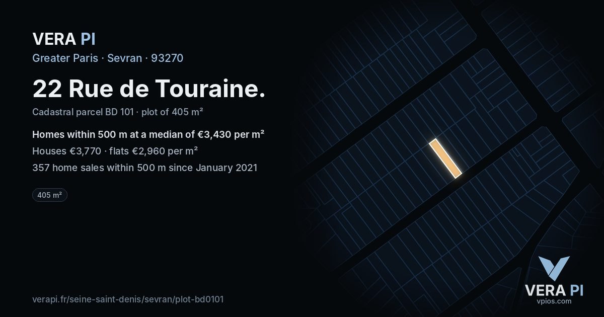 22 Rue de Touraine, Sevran at night – the plot lit, the parcels around coloured by the prices near them