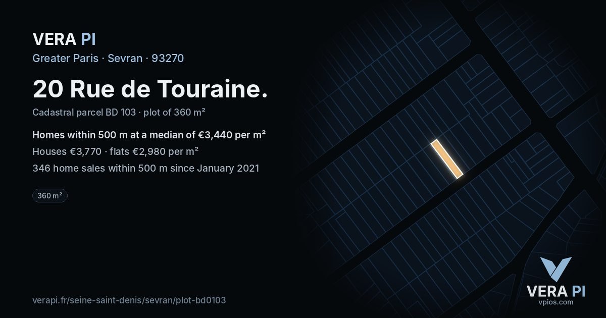20 Rue de Touraine, Sevran at night – the plot lit, the parcels around coloured by the prices near them