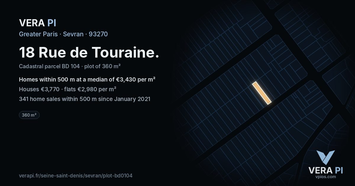 18 Rue de Touraine, Sevran at night – the plot lit, the parcels around coloured by the prices near them