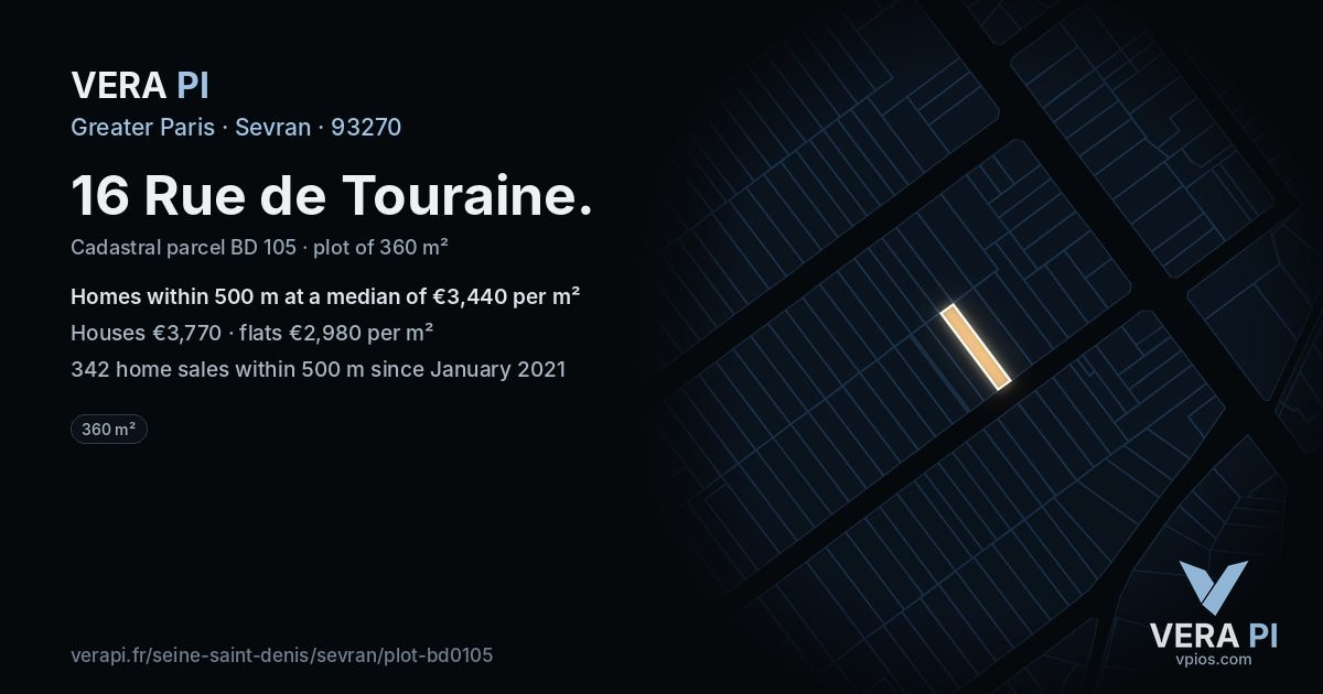 16 Rue de Touraine, Sevran at night – the plot lit, the parcels around coloured by the prices near them