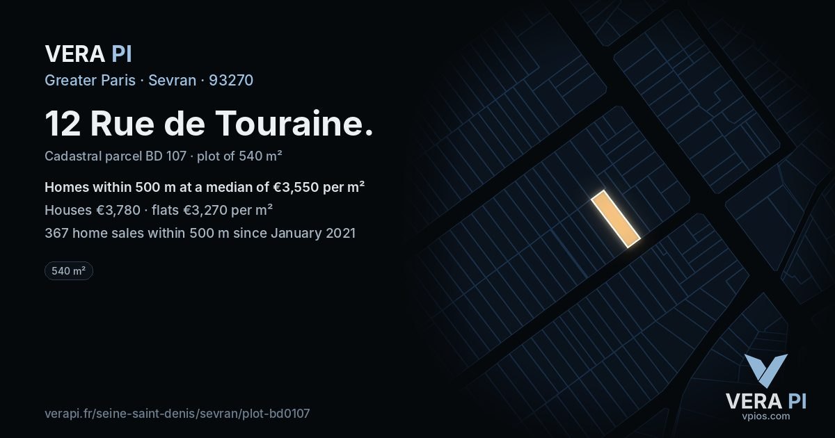12 Rue de Touraine, Sevran at night – the plot lit, the parcels around coloured by the prices near them