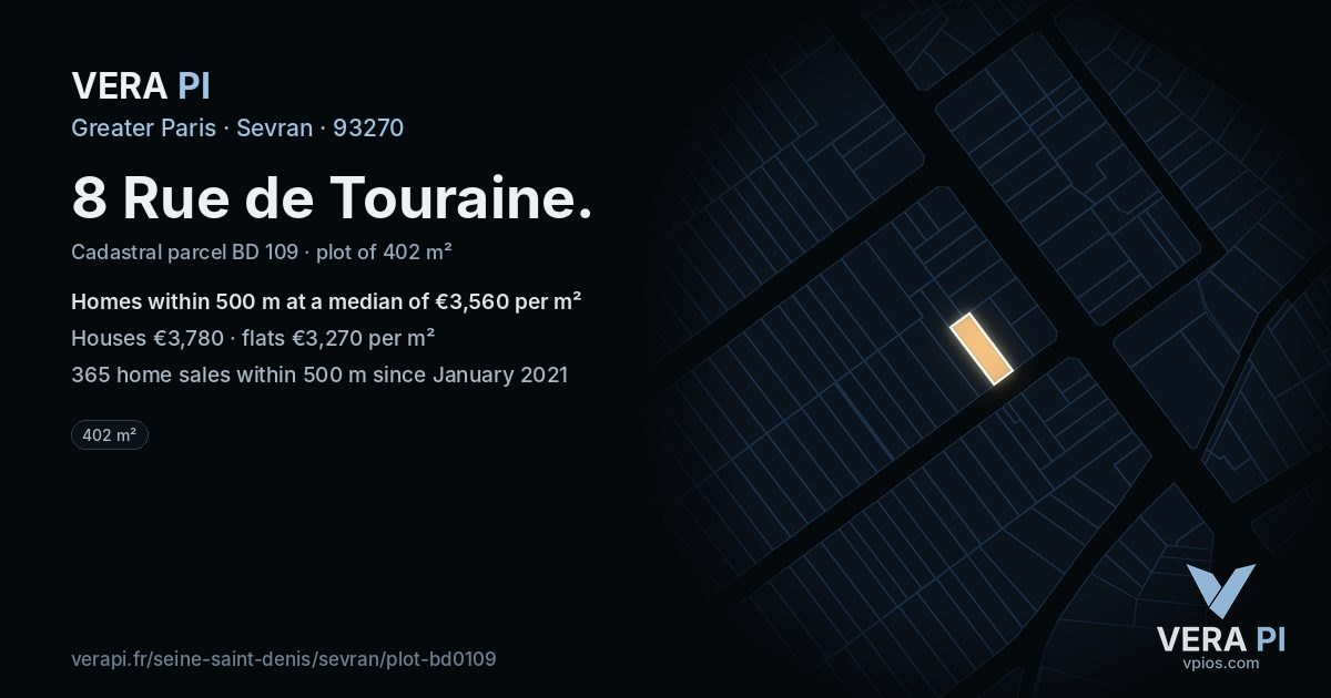8 Rue de Touraine, Sevran at night – the plot lit, the parcels around coloured by the prices near them