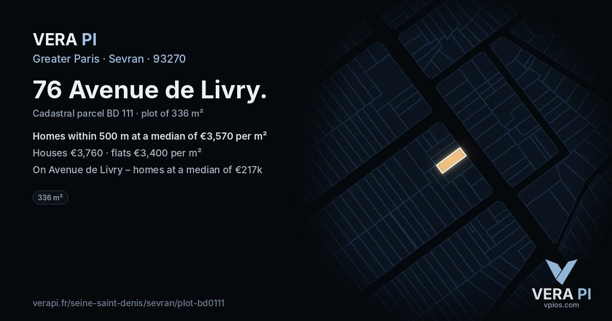 76 Avenue de Livry, Sevran at night – the plot lit, the parcels around coloured by the prices near them