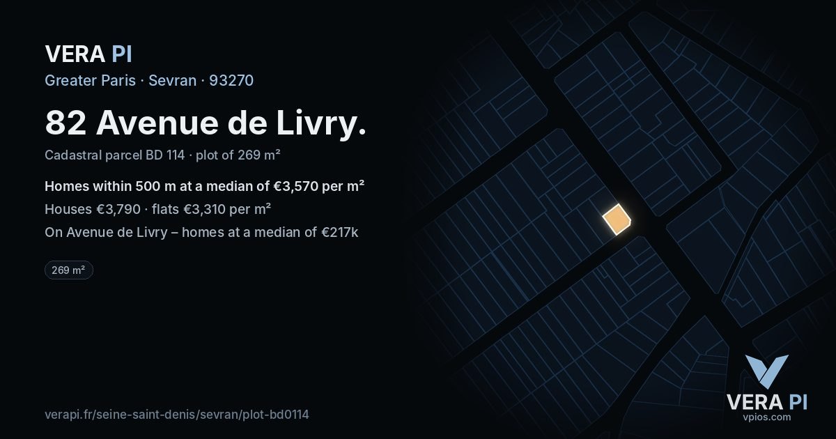 82 Avenue de Livry, Sevran at night – the plot lit, the parcels around coloured by the prices near them