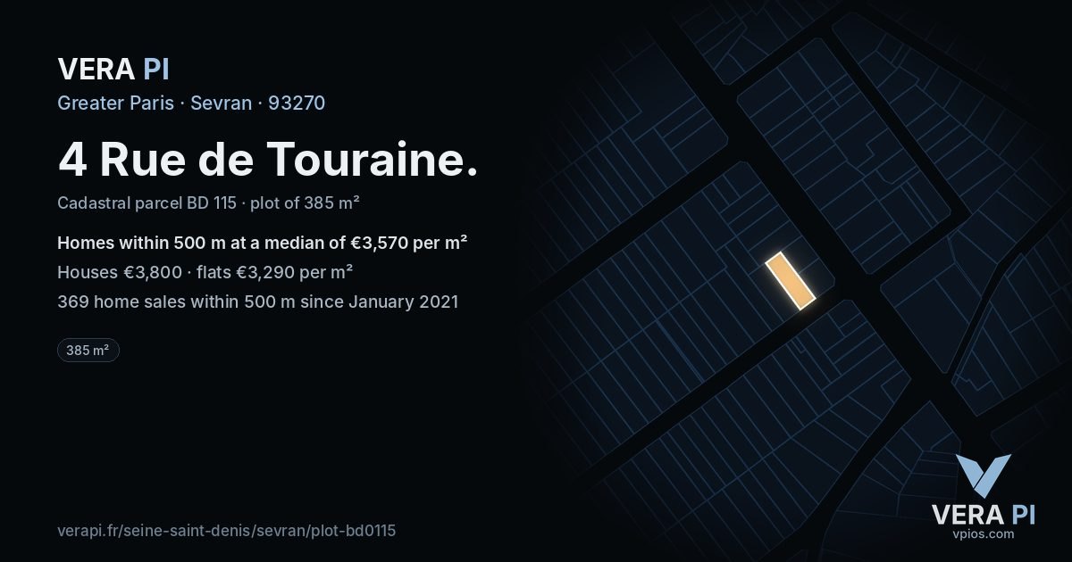 4 Rue de Touraine, Sevran at night – the plot lit, the parcels around coloured by the prices near them